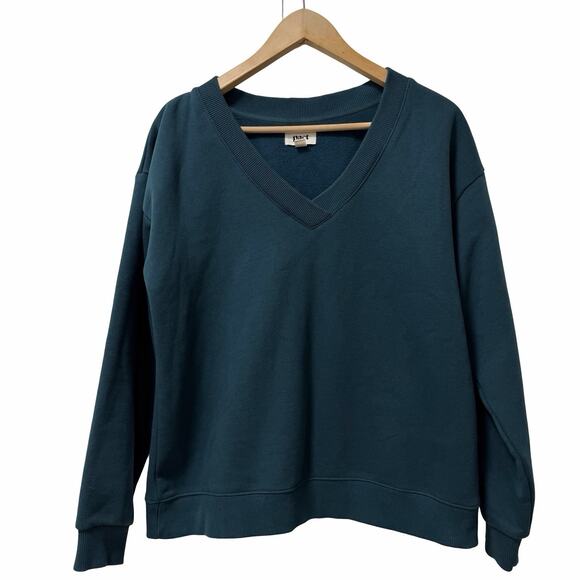 Pact Tops - Pact Womens Organic Cotton Blend V Neck Sweatshirt Size M Blue Cozy Sustainable